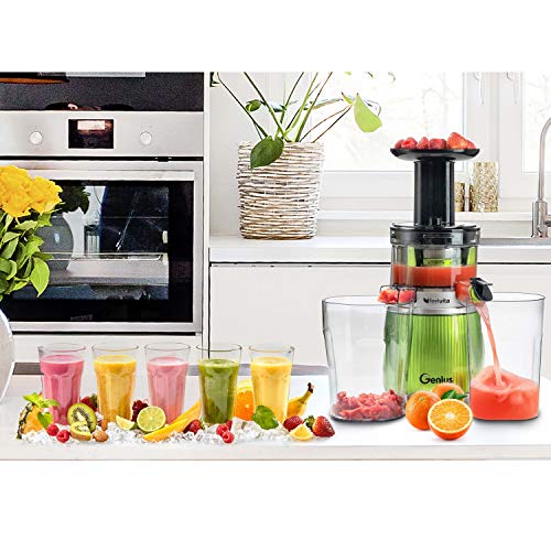 Genius Feelvita Slow Juicer - Exprimidor de zumo para verduras y frutas (motor de inducción potente y silencioso de 200 W, sin BPA, 100% vitaminas y minerales para disfrutar al 100% de la fruta