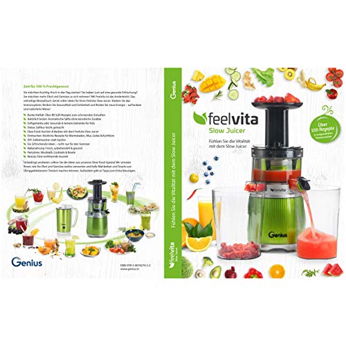 Genius Feelvita Slow Juicer - Exprimidor de zumo para verduras y frutas (motor de inducción potente y silencioso de 200 W, sin BPA, 100% vitaminas y minerales para disfrutar al 100% de la fruta