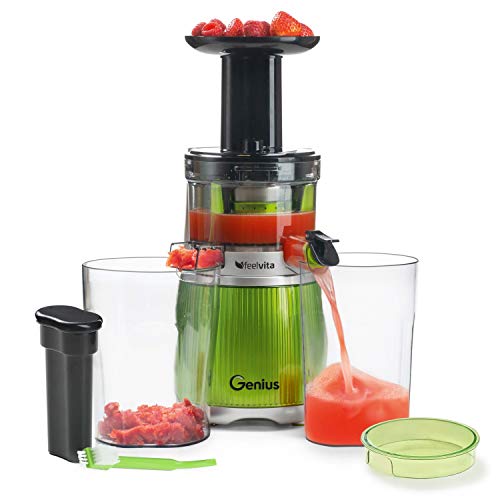 Genius Feelvita Slow Juicer - Exprimidor de zumo para verduras y frutas (motor de inducción potente y silencioso de 200 W, sin BPA, 100% vitaminas y minerales para disfrutar al 100% de la fruta