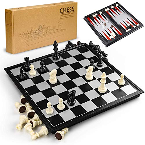 Gibot 3 en 1 Tablero de ajedrez,31.5CM x 31.5CM Tablero de Ajedrez Magnético con Ajedrez,Verificadores,Backgammon para niños y Adulto,Tablero de Juego Plegable y Portátil para Viajar,Blanco y Negro