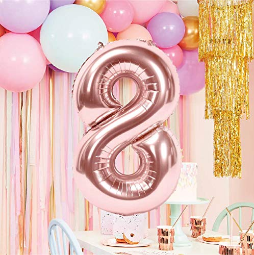 Globo Número Gigante Metalizado – Numeros Gigantes y Metalizados 0 1 2 3 4 5 6 7 8 9, 30 40 50 - Globos para Fiesta y Decoración – Globos de Cumpleaños Boda y Aniversario (Oro Rosa, 8)