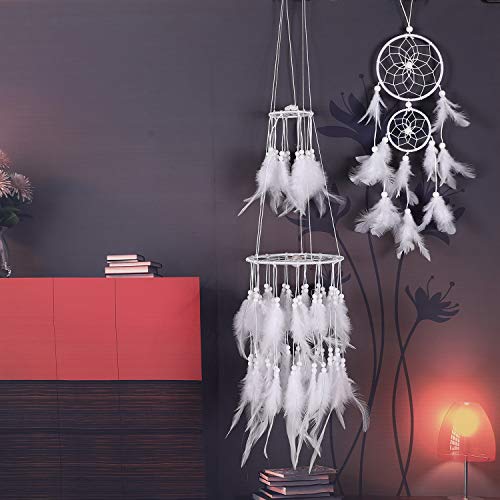 GoMaihe 2pcs Atrapasueños, Pluma Atrapasueños Blanco, Tapiz Boho Macrame Decoracion Pared Tapices Macramé Colgante, Hecho a Mano Dreamcatcher Decoración Salon Boda Dormitorio, Regalos Originales