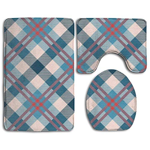 Goodsthing Alfombrillas de baño Classic Tartan Toilet CarpetFashion Bathroom Rug Mats Set 3 Piece Anti-Skid Pads Bath Mat + Contour + Toilet Lid Cover