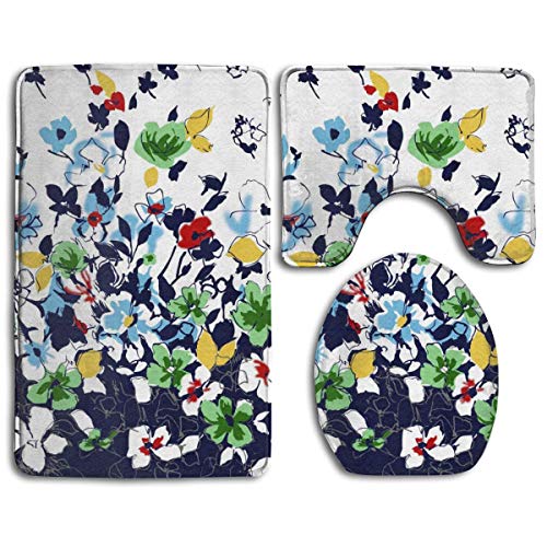 Goodsthing Alfombrillas de baño Colorful Watercolor Flower Toilet CarpetFashion Bathroom Rug Mats Set 3 Piece Anti-Skid Pads Bath Mat + Contour + Toilet Lid Cover