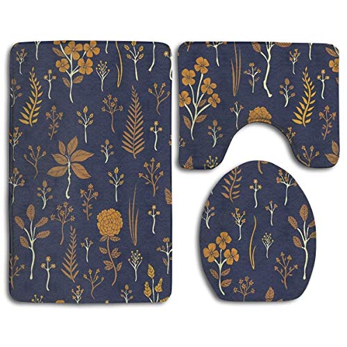 Goodsthing Alfombrillas de baño Navy Blue & Mustard Yellow Floral Pattern Toilet CarpetFashion Bathroom Rug Mats Set 3 Piece Anti-Skid Pads Bath Mat + Contour + Toilet Lid Cover