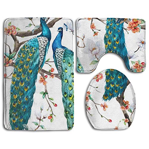 Goodsthing Alfombrillas de baño Watercolor Pattern Peacock Lover Toilet CarpetFashion Bathroom Rug Mats Set 3 Piece Anti-Skid Pads Bath Mat + Contour + Toilet Lid Cover