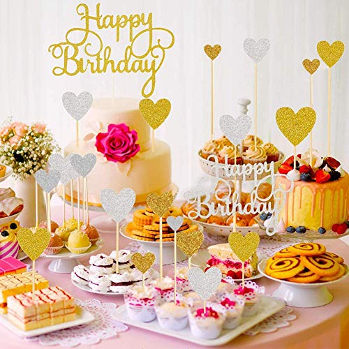 gotyou 21 Piezas Topper de Pastel de Cumpleaños, Happy Birthday Cake Topper Love Heart Shape Cupcake Insert Set, Topper de Pastel de Cumpleaños Palillos de Magdalena de Happy Birthday para Decoración