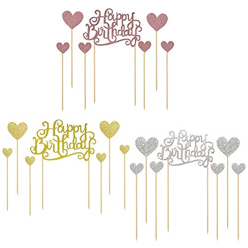 gotyou 21 Piezas Topper de Pastel de Cumpleaños, Happy Birthday Cake Topper Love Heart Shape Cupcake Insert Set, Topper de Pastel de Cumpleaños Palillos de Magdalena de Happy Birthday para Decoración