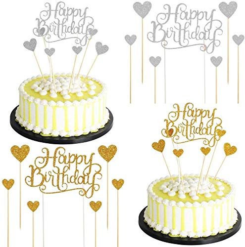 gotyou 21 Piezas Topper de Pastel de Cumpleaños, Happy Birthday Cake Topper Love Heart Shape Cupcake Insert Set, Topper de Pastel de Cumpleaños Palillos de Magdalena de Happy Birthday para Decoración
