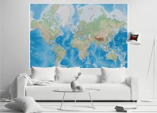 GREAT ART XXL Poster – Mapa Mundial – Mural Proyección De Miller En Plástico Relieve Diseño Earth Atlas World Globe Mapa Geografía Cartel De Pared Y Decoración (140 X 100 Cm)