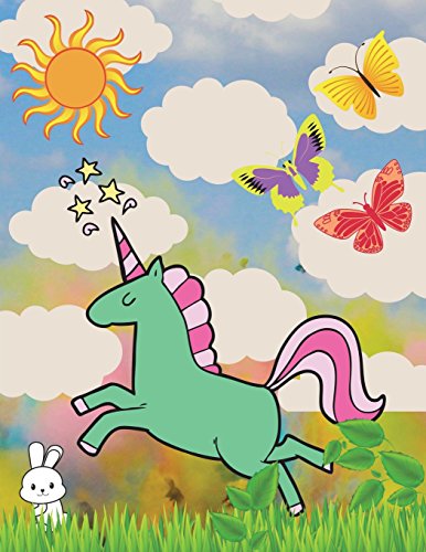 Green Unicorn White Clouds and Butterflys: Bright, colorful, fun, blank combo combination notebook/journal hybrid. Use this fun journal for school work, or as a private journal, diary, or dream book.