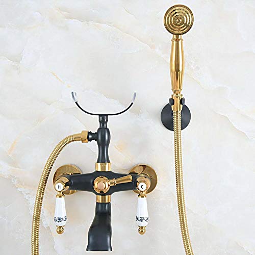 Grifo Baño De Oro Negro Montado En La Pared Grifo De Bañera Con Patas Y Ducha De Mano Lavabo Fregadero Mezclador Grifo Y Ducha De Mano