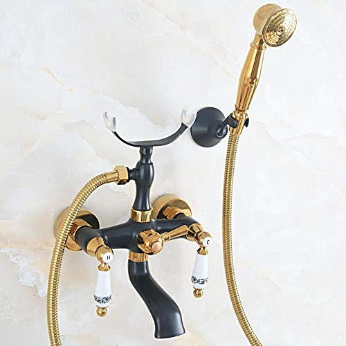 Grifo Baño De Oro Negro Montado En La Pared Grifo De Bañera Con Patas Y Ducha De Mano Lavabo Fregadero Mezclador Grifo Y Ducha De Mano