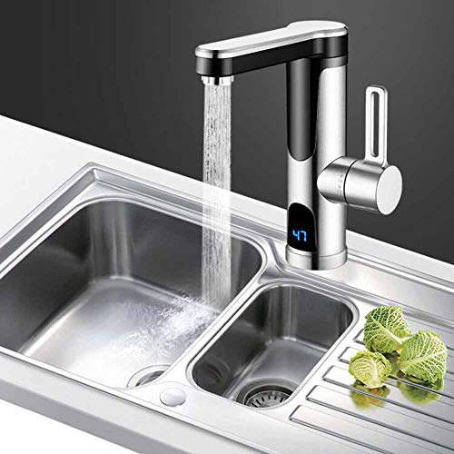 Grifos Eléctricos de Agua Caliente, Acero Inoxidable Poder Constante Eléctrico Instante Calentador Grifos de Cocina, 120 ° Giratorio Grifo de Agua fría y Caliente con Temperatura LCD Baño, Baño