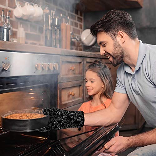 Guantes de Horno Guantes de Cocina de Algodón Resistentes al Calor Guantes de Horno Microondas para Barbacoa, Cocinar, Hornear, 1 Manopla de Horno + 2 Manteles Individuales Aislados (Negro)