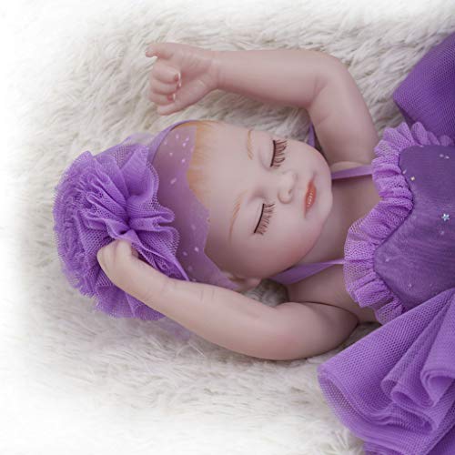 GuDoQi Mini Bebe Reborn Silicona Cuerpo Completo, 22cm Niña Bebé Durmiendo, Realista Renacida con Vestido Morado, Regalo para Niños