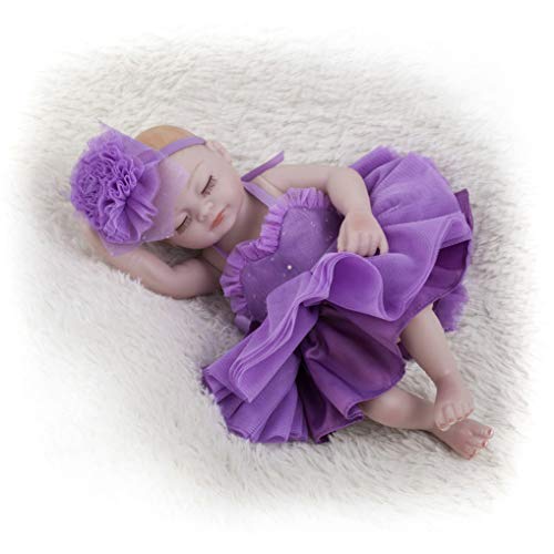 GuDoQi Mini Bebe Reborn Silicona Cuerpo Completo, 22cm Niña Bebé Durmiendo, Realista Renacida con Vestido Morado, Regalo para Niños