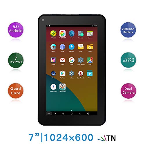 Haehne 7" Tablet PC - Google Android 6.0 Quad Core, 1G RAM 16GB ROM, Cámaras Duales 2.0MP + 0.3MP, 2800mAh, 1024 x 600 Pantalla, WiFi, Bluetooth, Negro