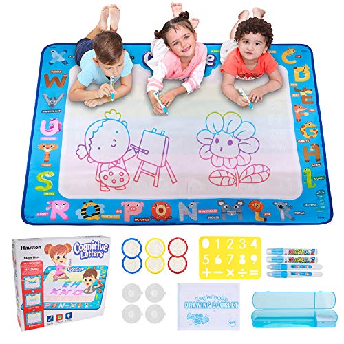 Hautton Alfombra de Dibujo con Agua 100×80cm para Niños, Manta Grande de Pintar con Molde de Números/4 Plumas/4 Estampillas/Estuche Plástico de Accesorios/4 Ventosas de Sujeción/Folleto de Dibujo