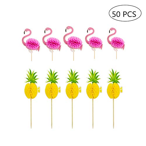 Hawaii Cake Toppers,50 Unids 3D Flamingo Piña Cake Toppers Cóctel Decoración Bebida para Verano Hawaii Cumpleaños Decoración de la Festa de Bodas