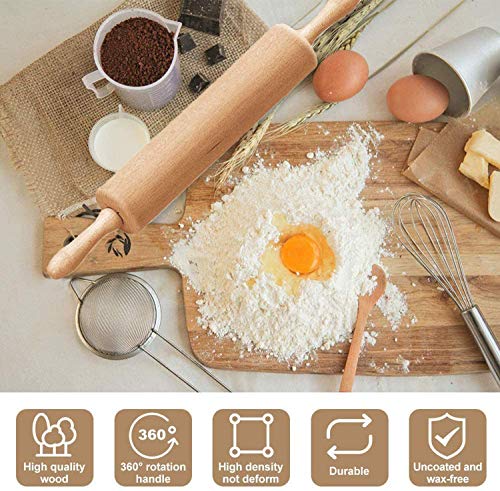 HENJI Rodillo amasar de Madera de Haya Maciza, Antiadherente con Asas de Madera para Pasta, Pastelería, Fondant, Tarta Corteza, Pizza, Pasteles de Masa, etc (S 30 * 5.5cm)