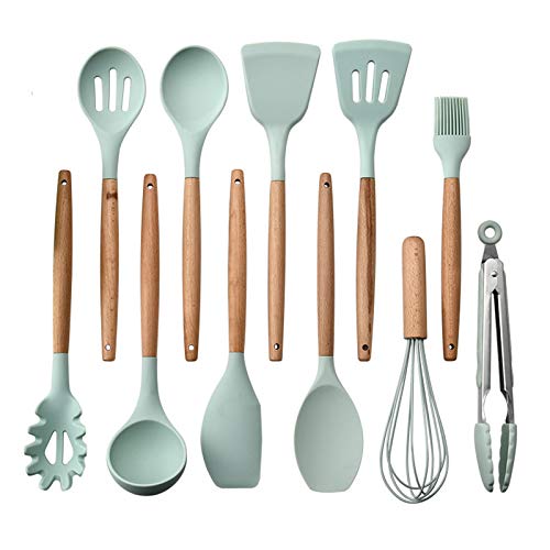 HENSHOW Utensilios de Cocina Silicona, 12 Piezas Juego de Utensilios de Cocina Silicona Incluye Soportes para Utensilios Utensilios de Cocina antiadherentes antiarañazos con Mango de Madera (Verde)