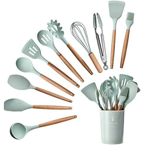 HENSHOW Utensilios de Cocina Silicona, 12 Piezas Juego de Utensilios de Cocina Silicona Incluye Soportes para Utensilios Utensilios de Cocina antiadherentes antiarañazos con Mango de Madera (Verde)