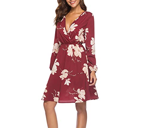 HenzWorld Mujeres Sexy con Cuello en V Vestidos Florales Dama Boho Mangas Falda Corta con Volantes Dobladillo Midi Falda Vino Talla S