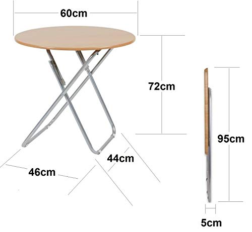 HERSIG Mesa Plegable portátil para Camping Terraza Jardín Mesa la Playa Metal y Madera Redonda 60X72CM