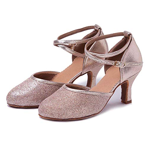 HIPPOSEUS Zapatos de Baile de Cuero sintético Brillo para Mujer con Dedos Cerrados Zapatos de Baile de práctica Zapatos de Baile de Boda estándar, Modelo WX-CL,Dorado Champagne Color,EU 37/4.5 UK