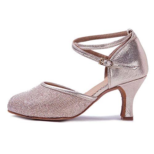 HIPPOSEUS Zapatos de Baile de Cuero sintético Brillo para Mujer con Dedos Cerrados Zapatos de Baile de práctica Zapatos de Baile de Boda estándar, Modelo WX-CL,Dorado Champagne Color,EU 37/4.5 UK