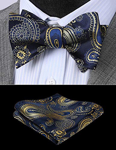 HISDERN Conjunto de corbata de lazo floral jacquard para hombre Talla unica Azul marino/dorado