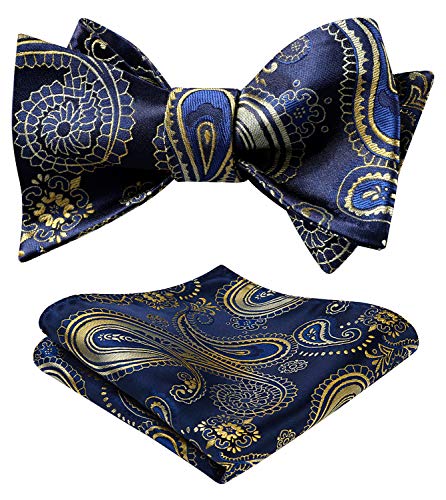 HISDERN Conjunto de corbata de lazo floral jacquard para hombre Talla unica Azul marino/dorado