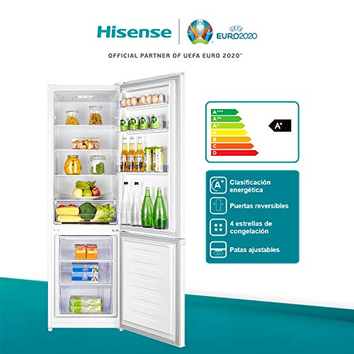 Hisense RB372N4AW1 - Frigorífico Combi Cíclico, Clase A+, Color Blanco, Capacidad neta 264 L con 180 Cm Alto, 4 estrellas congelador, puerta reversible, control de humedad, bajo nivel sonoro