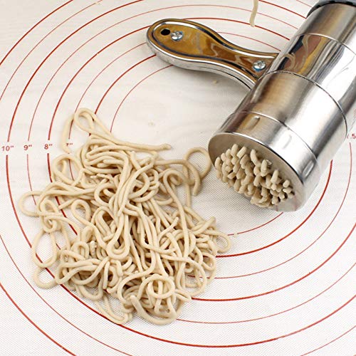 HIUGHJ Máquina de Pasta Fresca Manual de Acero Inoxidable Máquina de Fideos de Verduras casera portátil 5 moldes Linguine Spaghetti Macaroni, Gris