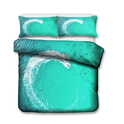 HNHDDZ Paisaje 3D Juego de Cama Playa Edificio Ola Casa Puente Tabla de Surf Funda de Edredón Verde Azul Cremallera (Estilo 2,150x200 cm - Cama 90 cm)