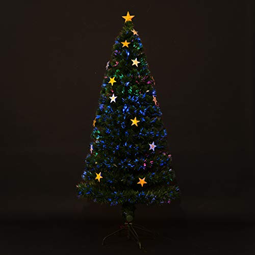 HOMCOM Árbol de Navidad Artificial Árboles de Abeto 180cm con Soporte Decoraciones Navideñas Copos de Estrella Fibra Óptica Brillante LED Multicolor Ignífugo