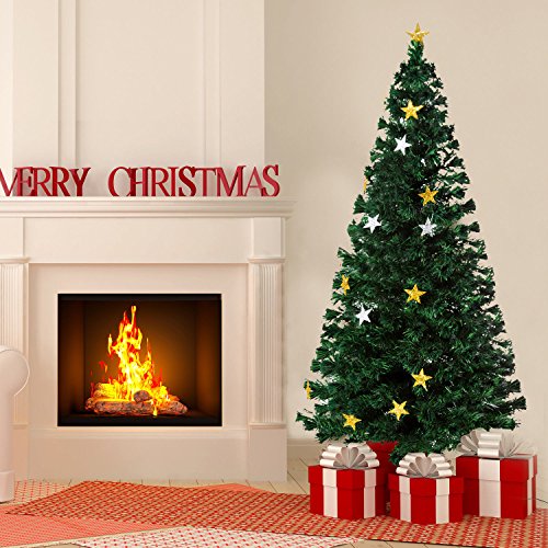 HOMCOM Árbol de Navidad Artificial Árboles de Abeto 180cm con Soporte Decoraciones Navideñas Copos de Estrella Fibra Óptica Brillante LED Multicolor Ignífugo