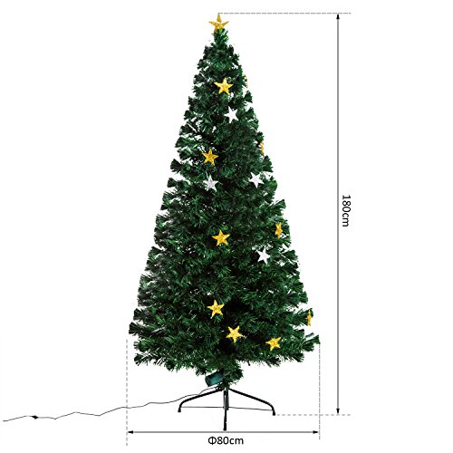 HOMCOM Árbol de Navidad Artificial Árboles de Abeto 180cm con Soporte Decoraciones Navideñas Copos de Estrella Fibra Óptica Brillante LED Multicolor Ignífugo