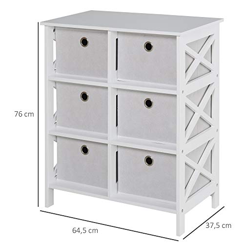 HOMCOM Armario de Almacenje Organizador de 6 Cajones con Marco X en Ambos Lados Diseño Simple Ligero 64,5x37,5x76 cm Blanco