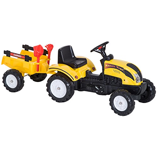 HOMCOM Tractor Pedal con Remolque para Niños 3-6 Años Juguete de Montar Coche de Pedales Carga 35kg 123x42x51cm Acero y Plástico