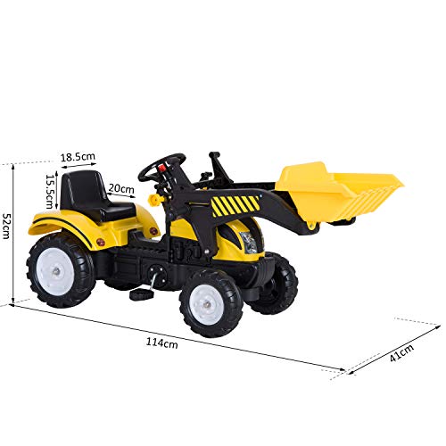 HOMCOM Tractor Pedal Excavadora Camión + Pala Delantera para Niños 3-6 Años Juguete de Montar Coche Pedales Carga 35kg 114x41x52cm Acero y Plástico