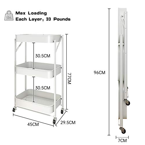 HomeMagic Se Puede Plegar sin instalación Carrito de Cocina de 3 Niveles con Ruedas, Carro de Almacenaje con Asa, Carrito Auxiliar Multifuncional para Baño, Cocina, Oficina, Salón & SPA (02)