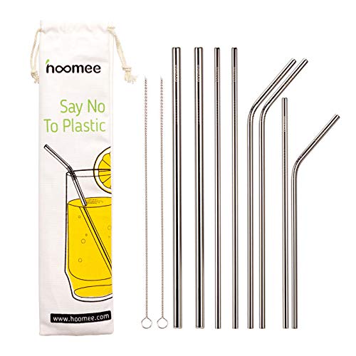 HOOMEE Pajitas de beber reutilizables de acero inoxidable (Set de 8) Alternativa Ecológica al Plástico, Sin Tóxicos. Para Smoothies, Batidos, Jugos de Frutas y Verduras, Bebidas frías,etc