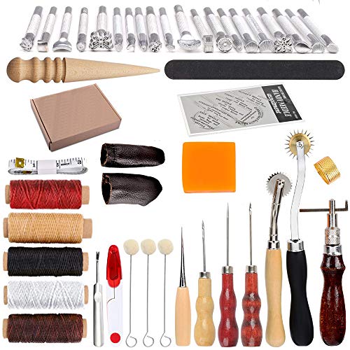 HOSTK 33pc DIY Kit de Herramientas de Mano de Cuero Craft Set para Costura Costura Estampado Talla Sillín de Cuero Obra de Arte Accesorios Awl Thimble