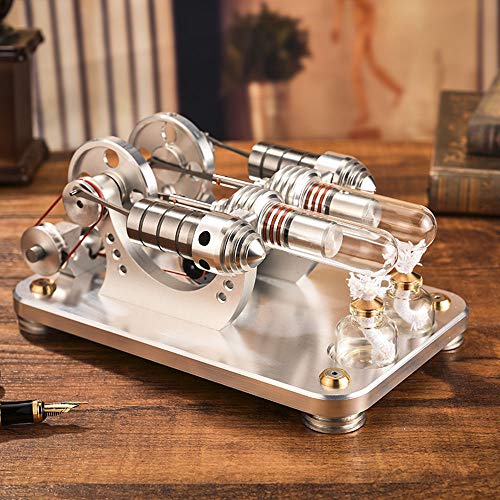 HPDOV Maquetas de Motores,Metal 2 Cilindros Stirling Engine Modelo Física Generador De Energía Motor Combustión Externa para Niños Adultos,Silver