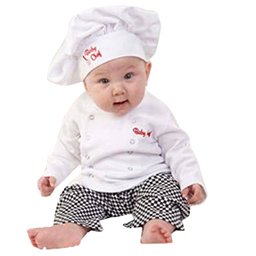 IEFIEL Conjuntos Disfraces de Cocinero Fiesta Bautizo para Bebé Niña Niño Camiseta + Pantalones + Gorro Infantil Blanco 12-18 Meses