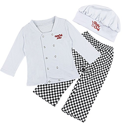 IEFIEL Conjuntos Disfraces de Cocinero Fiesta Bautizo para Bebé Niña Niño Camiseta + Pantalones + Gorro Infantil Blanco 12-18 Meses