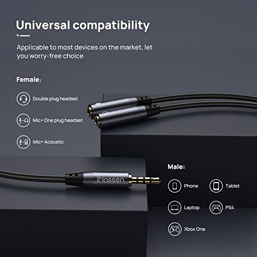 iNassen Audio y Splitter Cable, Auricular y Micrófono Splitter Y Audio 3.5mm Macho a 2 x 3.5 mm Hembra Headset Stereo Jack de Adaptador Audio y Splitter para PC Gaming Headset, PS4, Xbox One, Laptop