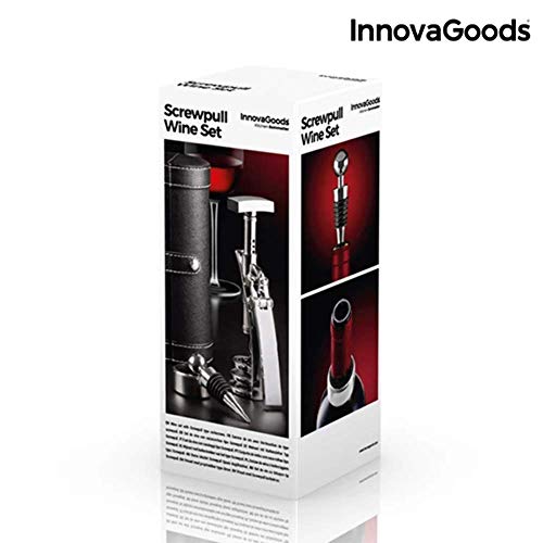 InnovaGoods Screwpull Set de Accesorios para Vino con Sacacorchos, Aleación de Zinc, Plateado, 19x8x8 cm